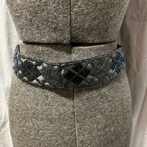 Christian Dior Ceintures Vintage Grey ane Blue Beaded Velvet Sash Style Belt